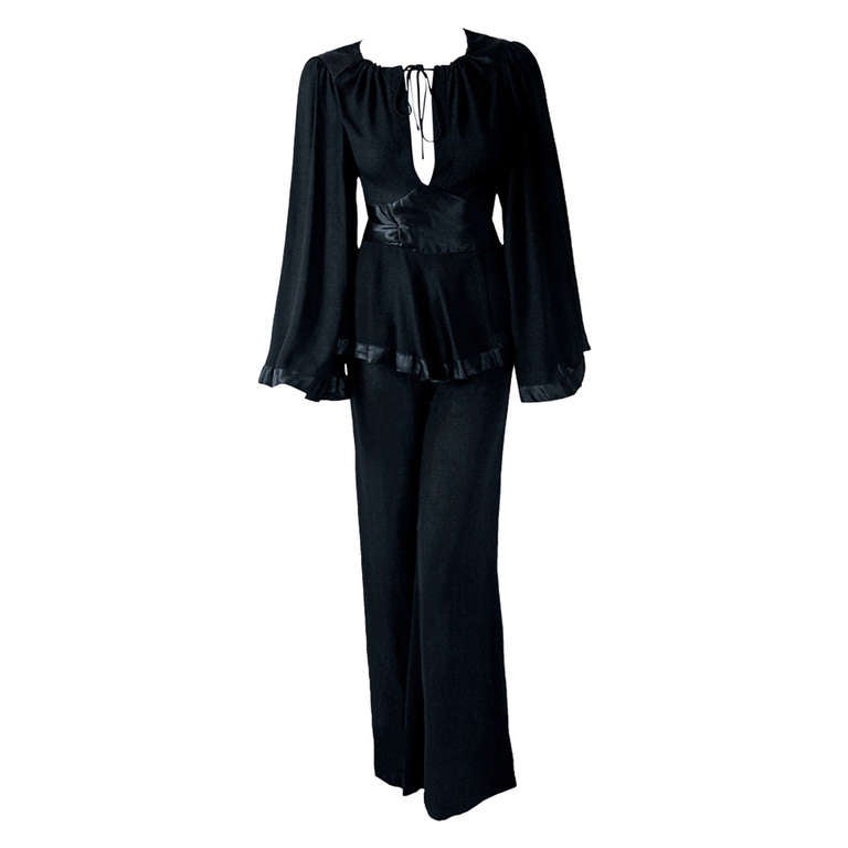 1970's Ossie Clark Black Moss-Crepe & Satin Bell-Sleeve Wrap Blouse Suit