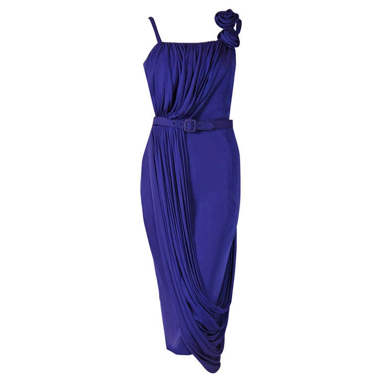 1950's Saks Fifth Avenue Purple Silk-Jersey Draped Grecian Cocktail Dress