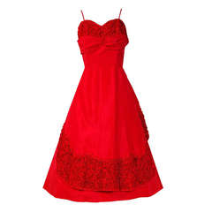 Vintage 1950's Adair Ruby Red Taffeta Shelf-Bust Ruffle Full Circle-Skirt Party Dress