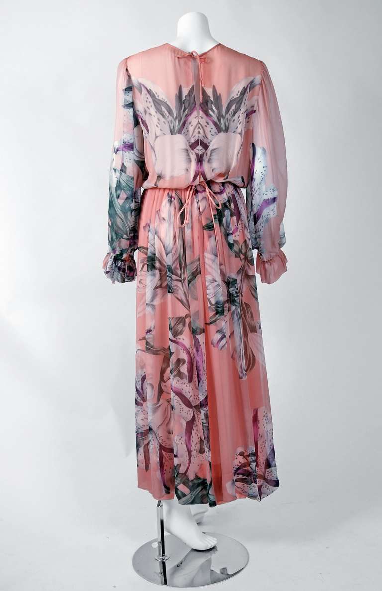 1970's Hanae Mori Couture Pale-Pink Floral Print Silk-Chiffon Goddess Gown 1