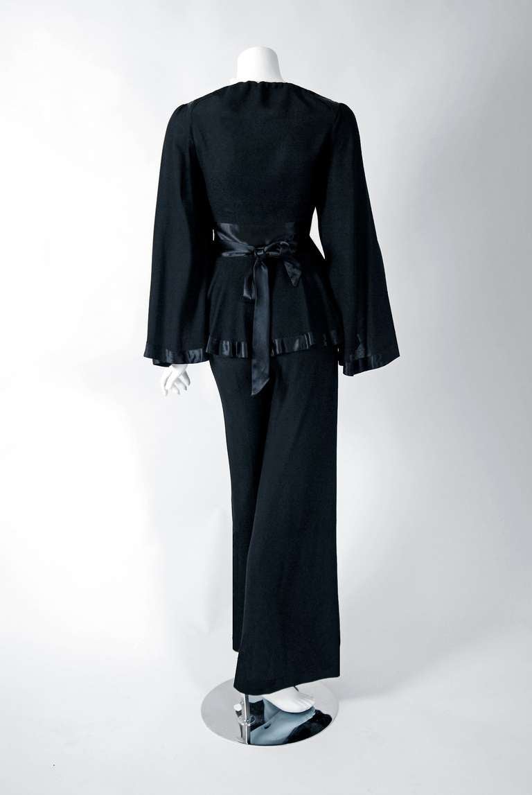 1970's Ossie Clark Black Moss-Crepe & Satin Bell-Sleeve Wrap Blouse Suit In Excellent Condition In Beverly Hills, CA