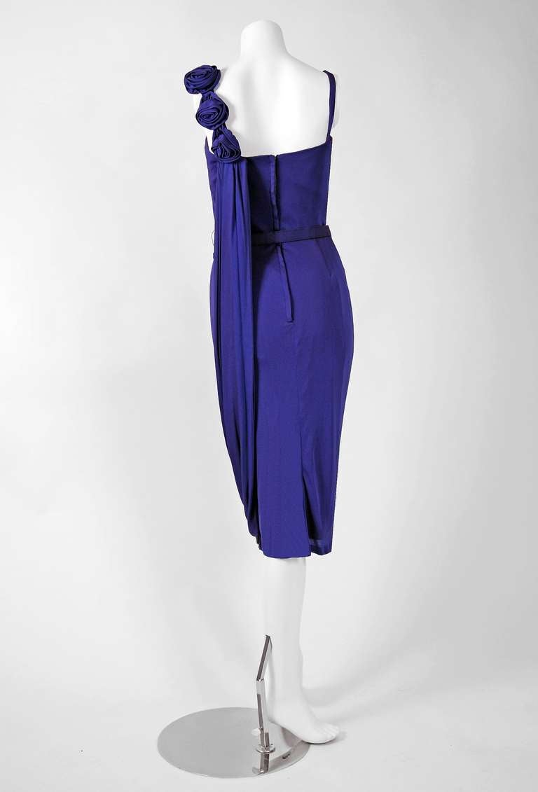 1950's Saks Fifth Avenue Purple Silk-Jersey Draped Grecian Cocktail Dress In New Condition In Beverly Hills, CA