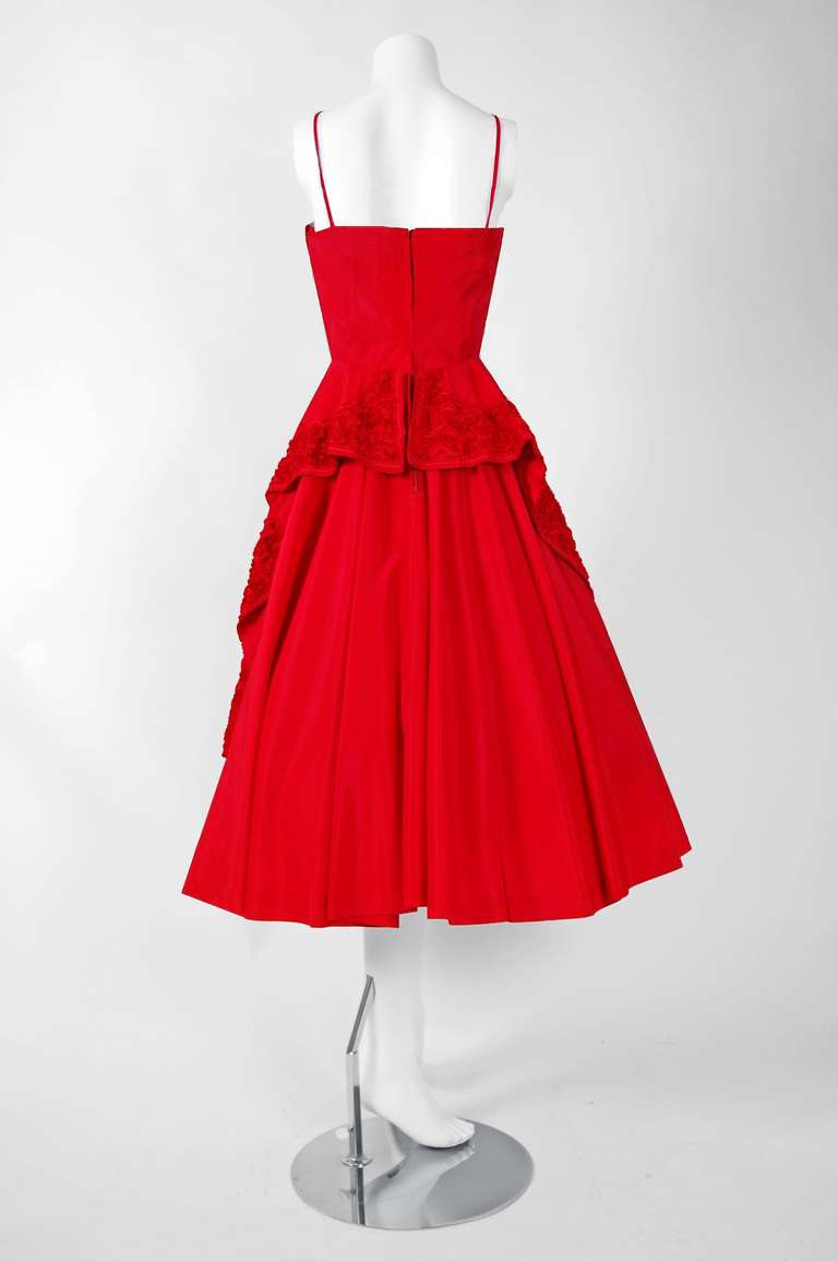 1950's Adair Ruby Red Taffeta Shelf-Bust Ruffle Full Circle-Skirt Party Dress 1