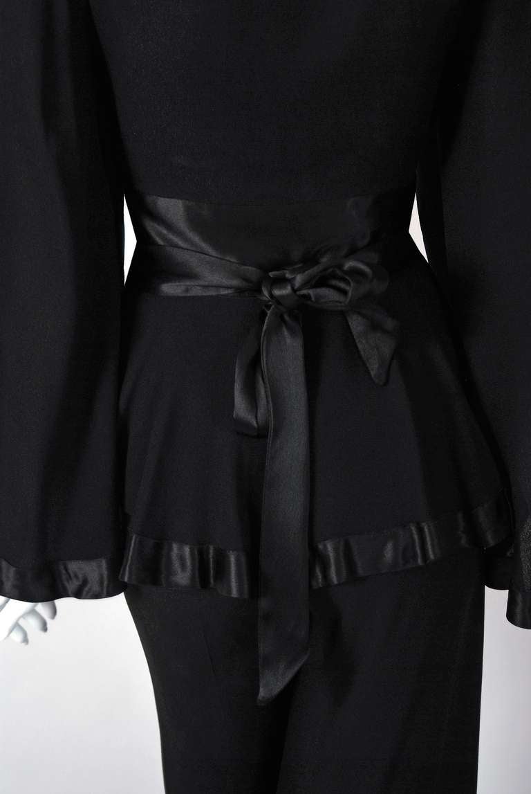 Women's 1970's Ossie Clark Black Moss-Crepe & Satin Bell-Sleeve Wrap Blouse Suit