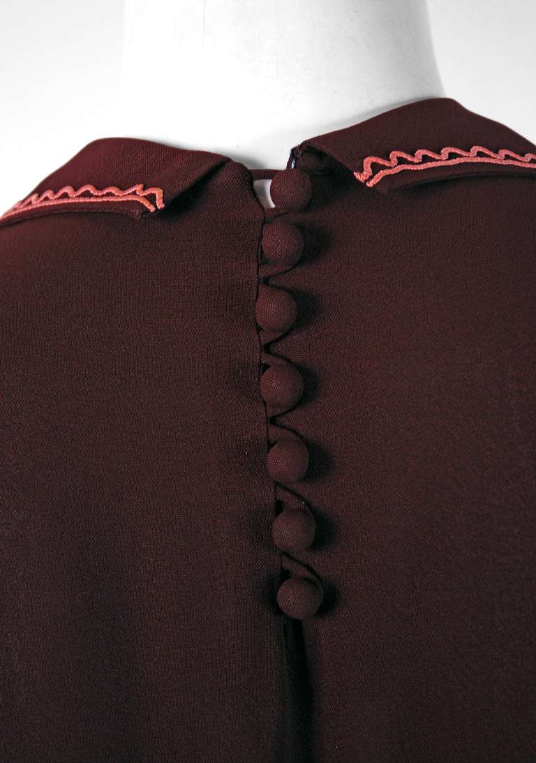 1930's Elegant Chocolate-Brown & Pink Embroidered-Bows Rayon Dress With Bolero 1
