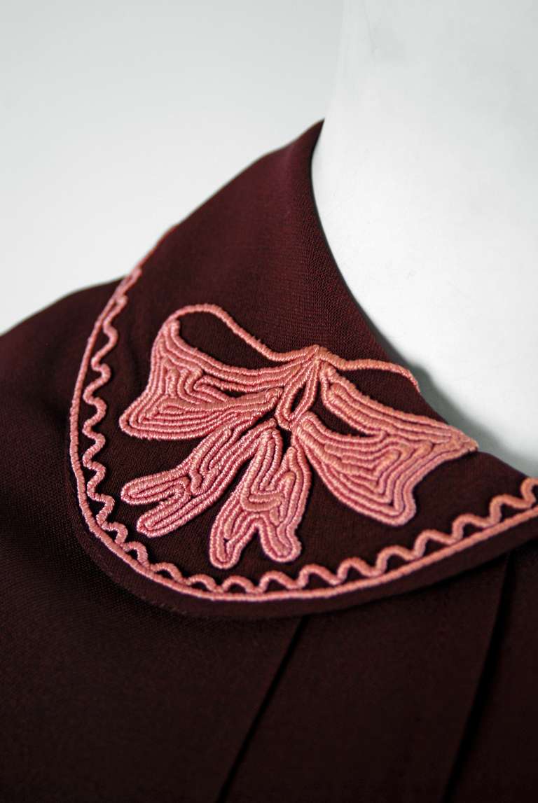 Women's 1930's Elegant Chocolate-Brown & Pink Embroidered-Bows Rayon Dress With Bolero