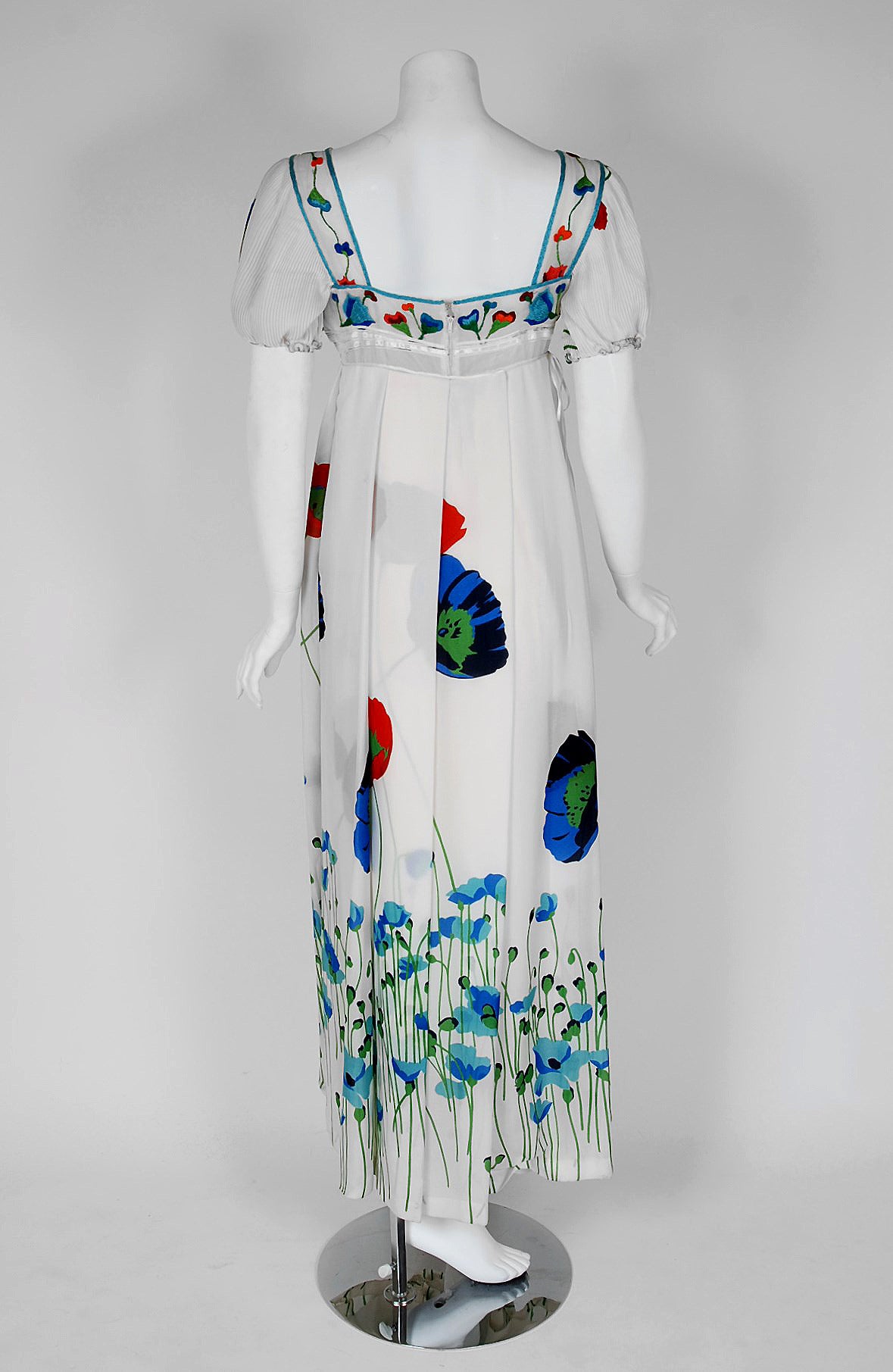1960's Sorelle Fontana Embroidered Floral Print Silk Empire Bohemian Dress 1