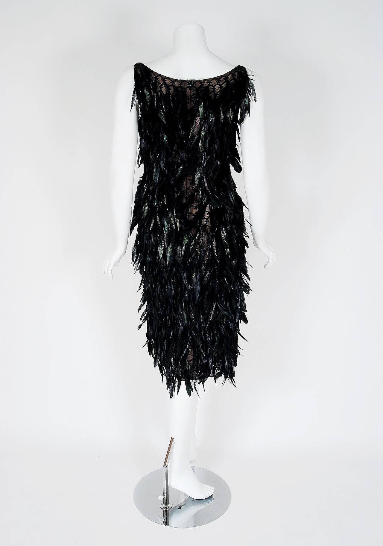 1990's Carolina Herrera Black Beaded Feather Illusion Silk Cocktail Dress 1