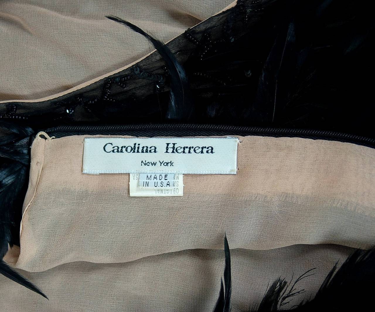 1990's Carolina Herrera Black Beaded Feather Illusion Silk Cocktail Dress 2