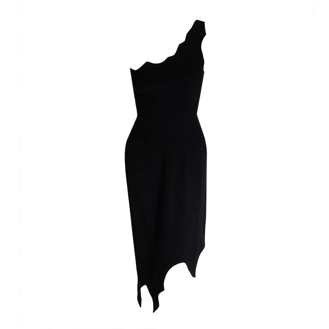 1990's Moschino Black One-Shoulder Asymmetric Scalloped Cocktail Dress