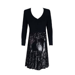 1970's Valentino Haute-Couture Black Sequin Silk Long-Sleeve Plunge Dress