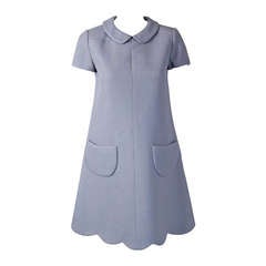 1968 Courreges Couture Documented Gray Scalloped Mod Mini Dress en laine