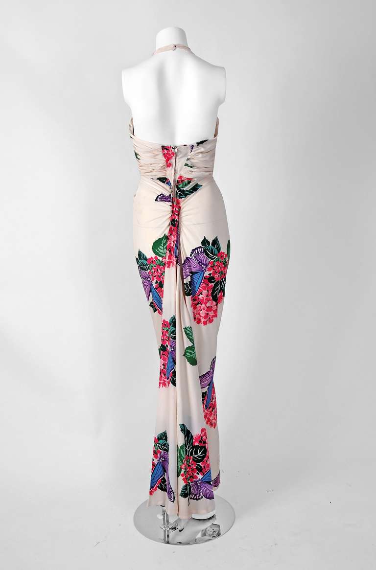 Women's 1930's Andree Gay Tropical Floral-Print Silk Cut-Out Halter Fishtail Gown