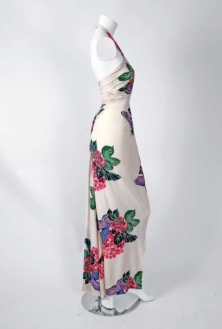 1930's Andree Gay Tropical Floral-Print Silk Cut-Out Halter Fishtail Gown In Excellent Condition In Beverly Hills, CA