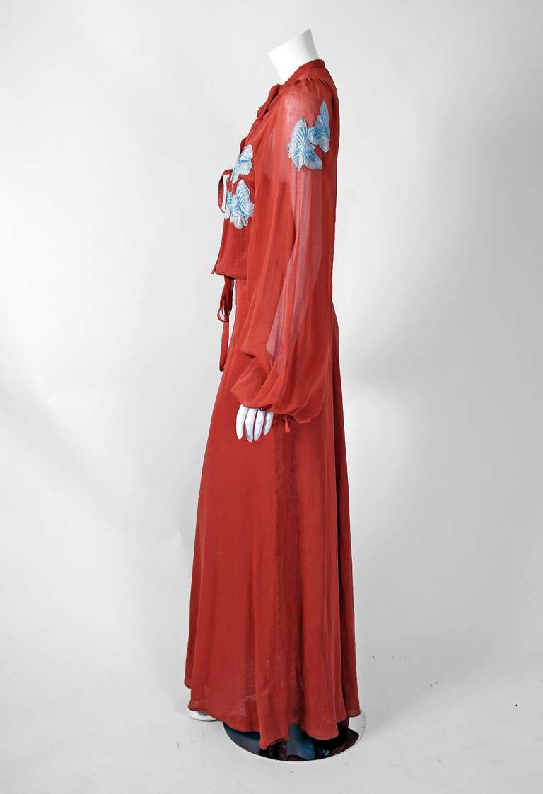 1970's Thea Porter Couture Cinnamon Cotton Voile Butterfly Embroidery Dress In Excellent Condition In Beverly Hills, CA