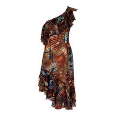 1994 Thierry Mugler Couture Abstract Feather Print Silk One-Shoulder Dress 1