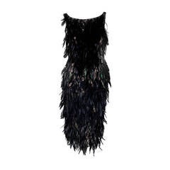 1990's Carolina Herrera Black Beaded Feather Illusion Silk Cocktail Dress