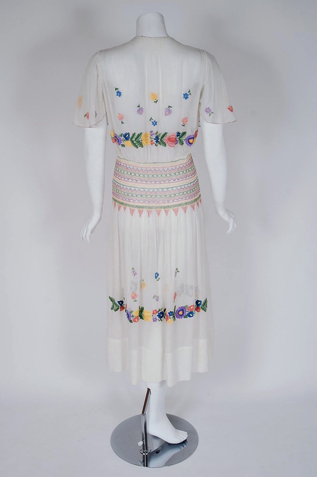 1920's Colorful Embroidered Floral White Cotton Flutter-Sleeve Smocked Day Dress 2