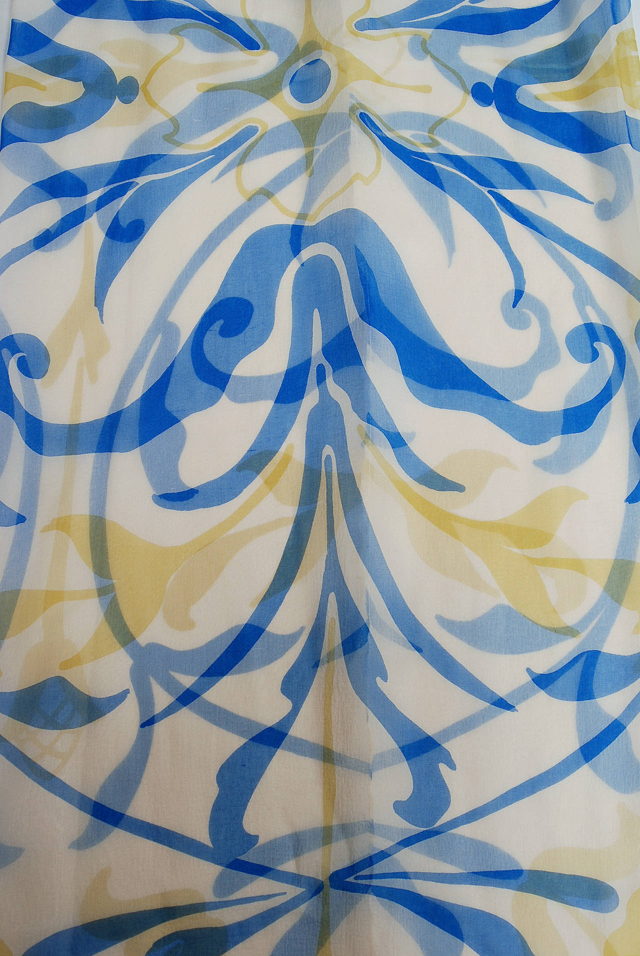1970's Galanos Blue Yellow Abstract Print Silk-Chiffon Goddess Dress & Shawl In Excellent Condition In Beverly Hills, CA