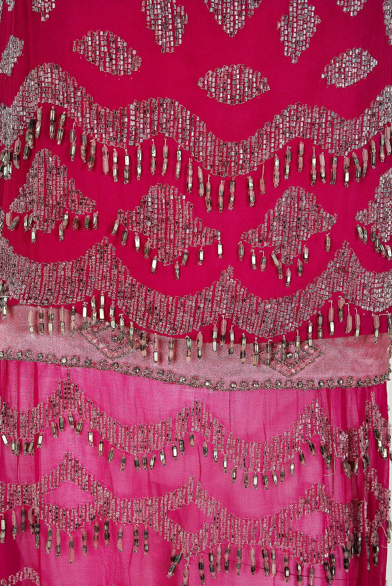 1920's French Couture Fuchsia-Pink Beaded Deco Silk-Chiffon Flapper Dress In Excellent Condition In Beverly Hills, CA