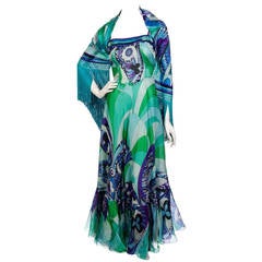 1960's Emilio Pucci Couture Blue Green Print Silk Mermaid Dress & Fringed Shawl 10