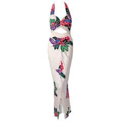 Vintage 1930's Andree Gay Tropical Floral-Print Silk Cut-Out Halter Fishtail Gown