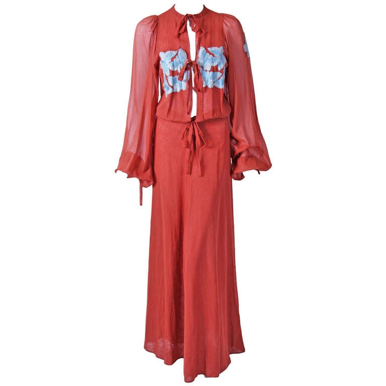 1970's Thea Porter Couture Cinnamon Cotton Voile Butterfly Embroidery Dress