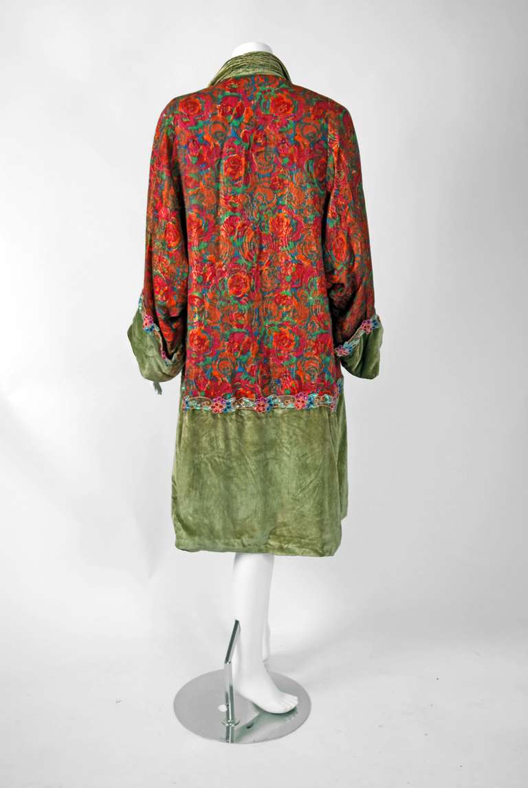 1920's French Beaded Metallic Floral-Lame & Green Silk-Velvet Deco Flapper Coat 1