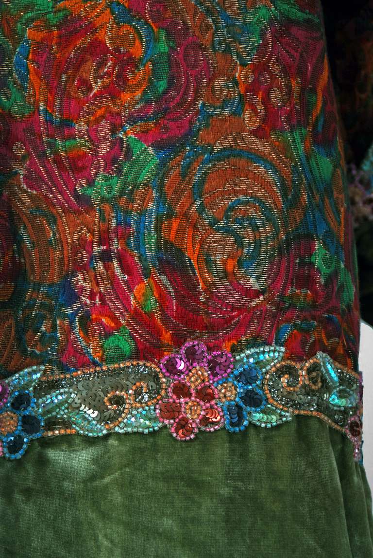 Women's 1920's French Beaded Metallic Floral-Lame & Green Silk-Velvet Deco Flapper Coat