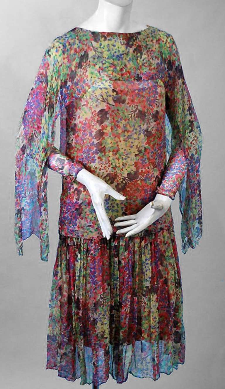 1920's Watercolor Floral-Garden Silk Chiffon Winged-Sleeves Deco Flapper Dress In Excellent Condition In Beverly Hills, CA