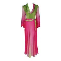 1970's Pauline Trigere Pink & Green Ombre Silk Chiffon Bell-Sleeve Goddess Gown 4