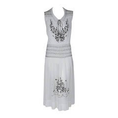 1920's Bohemian Embroidered White-Cotton Smocked Flapper Peasant Day Dress