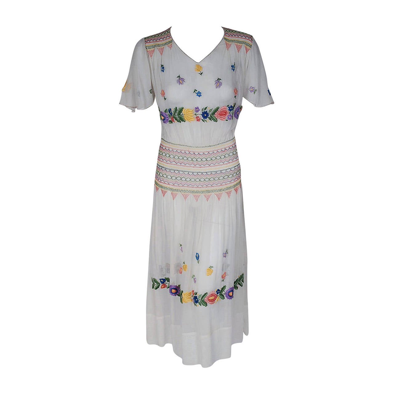 1920's Colorful Embroidered Floral White Cotton Flutter-Sleeve Smocked Day Dress