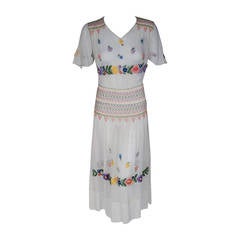 1920's Colorful Embroidered Floral White Cotton Flutter-Sleeve Smocked Day Dress