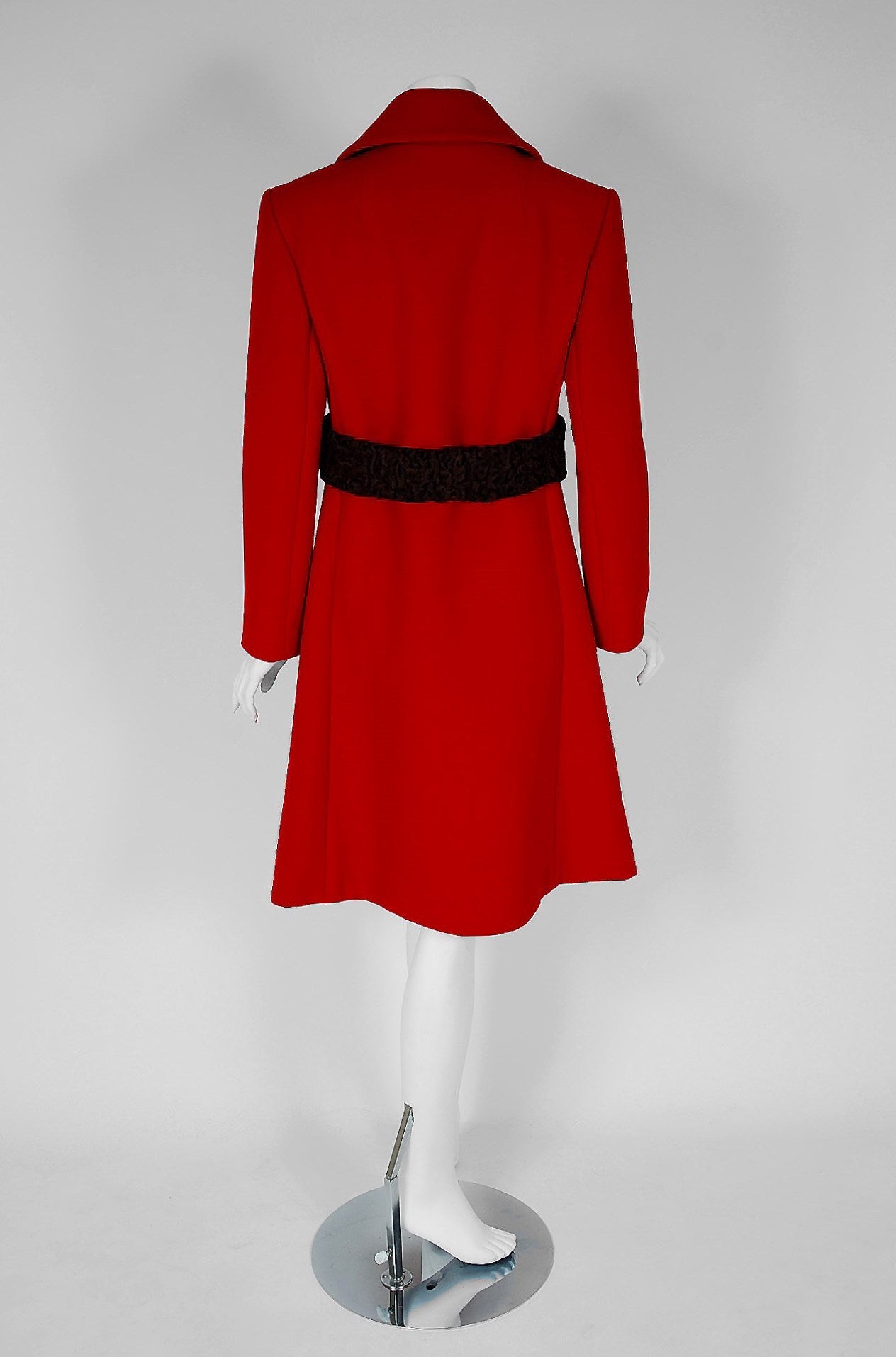 Women's 1960's Saks Fifth Avenue Ruby-Red Wool & Persian-Lamb Fur Belted Mod Coat