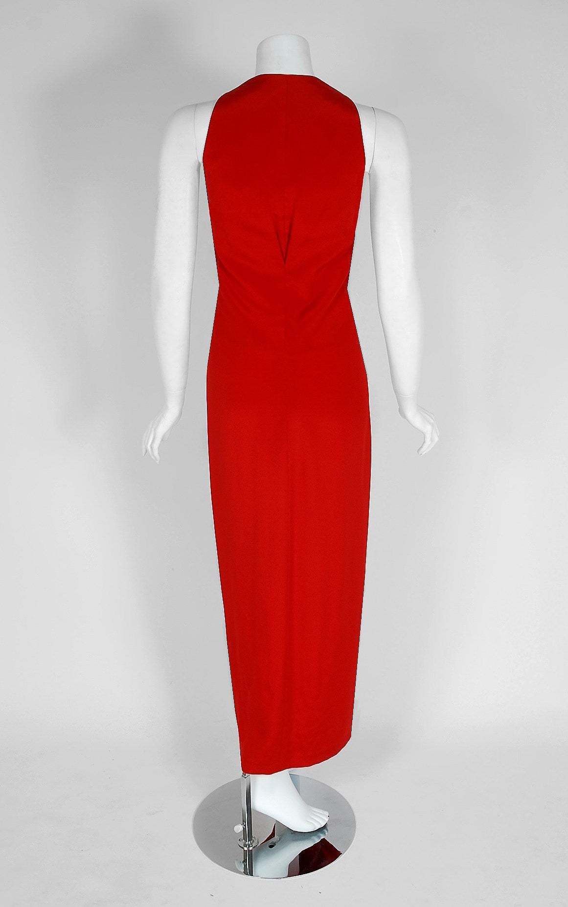 Women's 1977 Galanos Couture Ruby-Red Silk Scalloped Sleeveless Plunge Column Wrap Gown