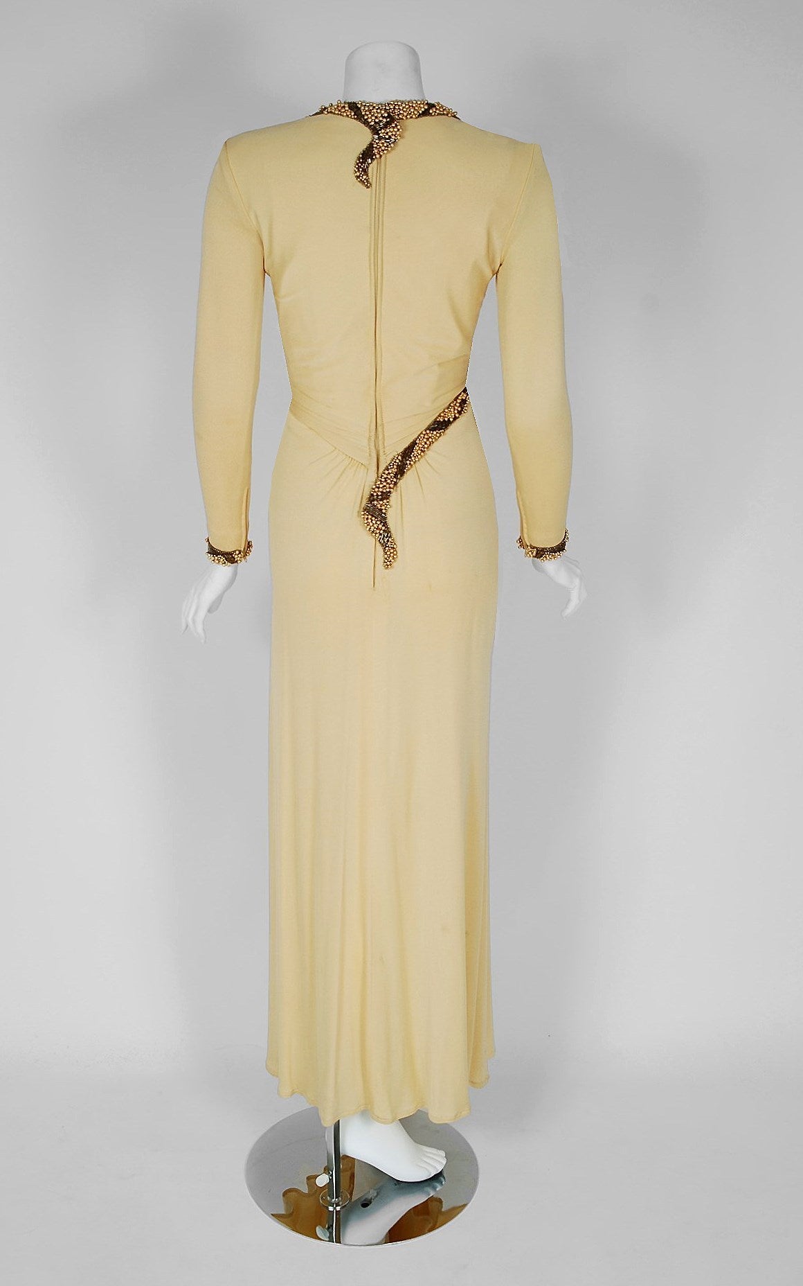 Women's 1970's Bob Mackie Pale-Yellow Beaded Silk-Jersey Plunge Hourglass Goddess Gown