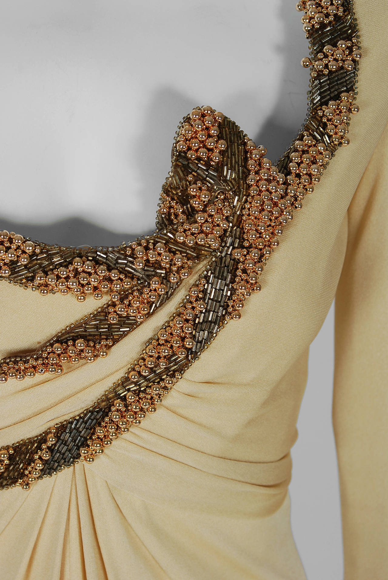 Beige 1970's Bob Mackie Pale-Yellow Beaded Silk-Jersey Plunge Hourglass Goddess Gown
