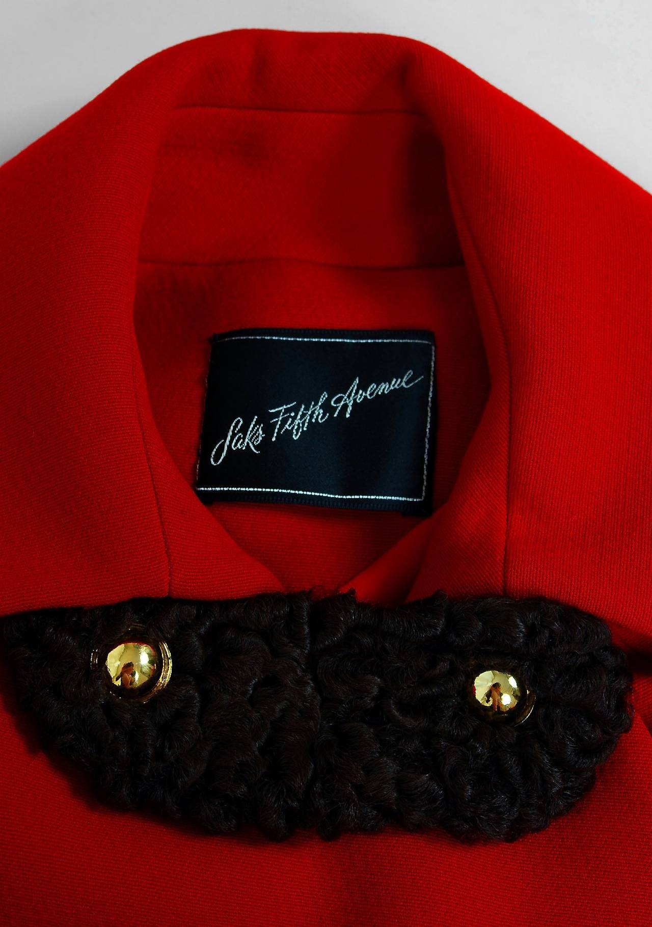 1960's Saks Fifth Avenue Ruby-Red Wool & Persian-Lamb Fur Belted Mod Coat 1