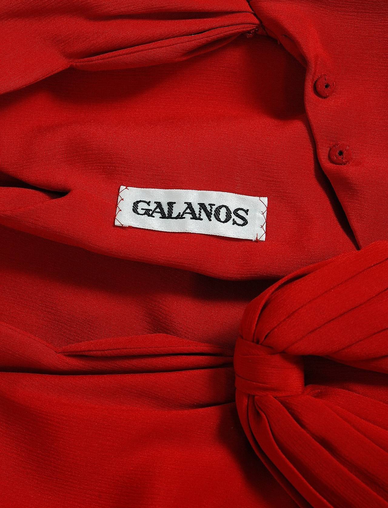 1977 Galanos Couture Ruby-Red Silk Scalloped Sleeveless Plunge Column Wrap Gown 1