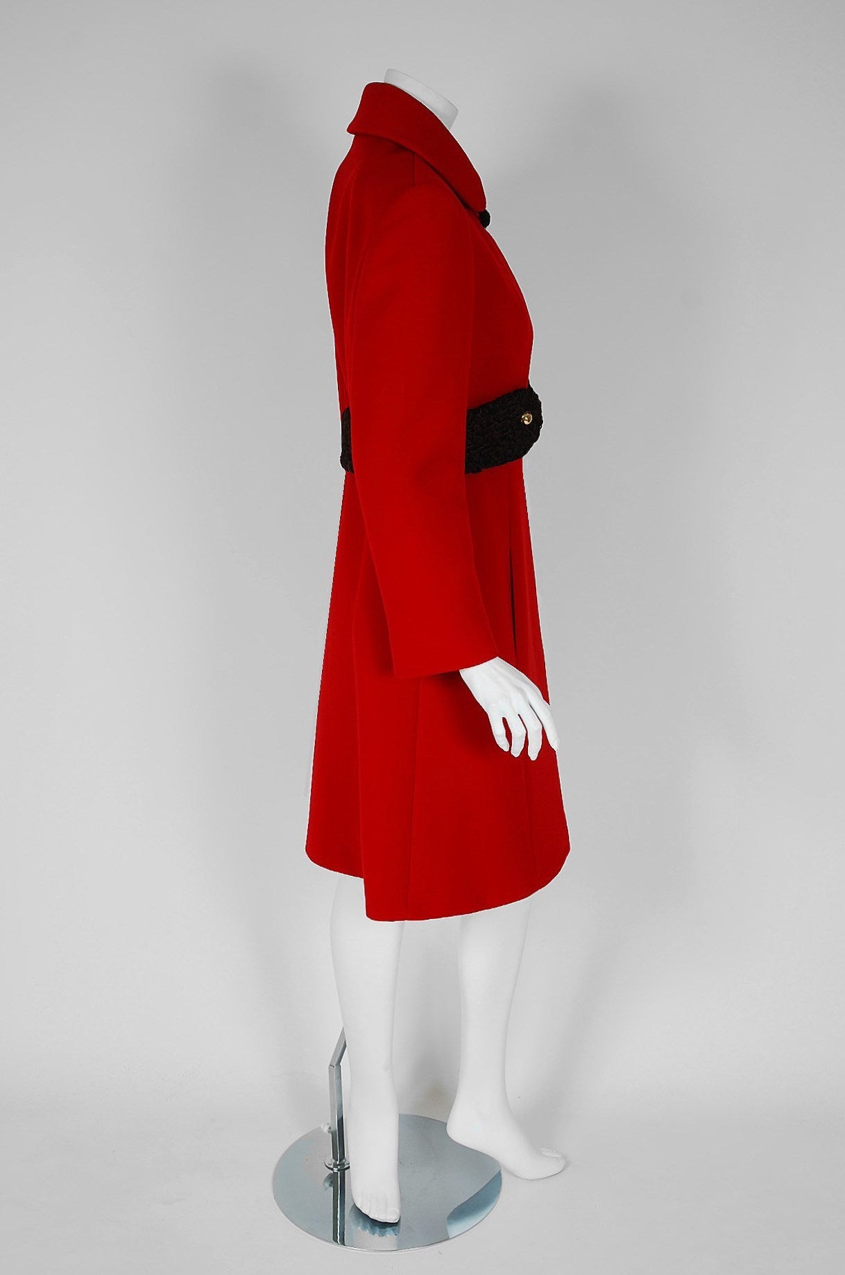 1960's Saks Fifth Avenue Ruby-Red Wool & Persian-Lamb Fur Belted Mod Coat