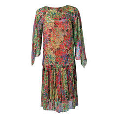 1920's Watercolor Floral-Garden Silk Chiffon Winged-Sleeves Deco Flapper Dress