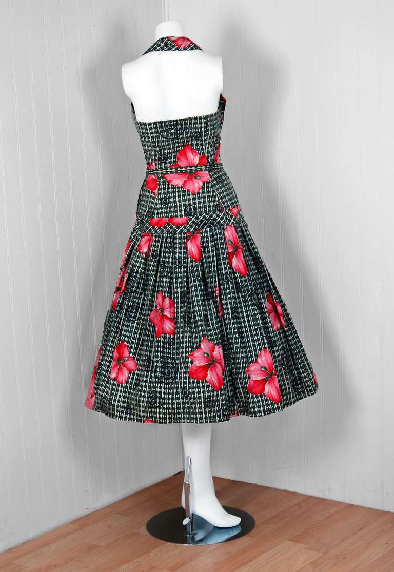 Women's 1950's Hibiscus Tropical Floral Print Cotton Halter Circle-Skirt Sun Dress