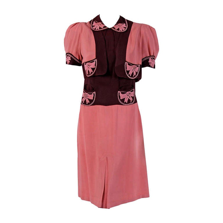 1930's Elegant Chocolate-Brown & Pink Embroidered-Bows Rayon Dress With Bolero