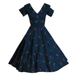 1950's Embroidered Roses Navy Silk Shelf-Bust Full Circle-Skirt Party Dress 5