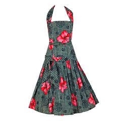 Vintage 1950's Hibiscus Tropical Floral Print Cotton Halter Circle-Skirt Sun Dress
