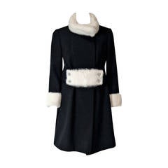 Vintage 1960's Elegant Black-Wool & Rhinestone Ivory-White Mink Fur Mod Tailored Coat