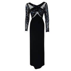 1970's Bob Mackie Beaded Black Crepe Illusion Cut-Out Backless Evening Gown