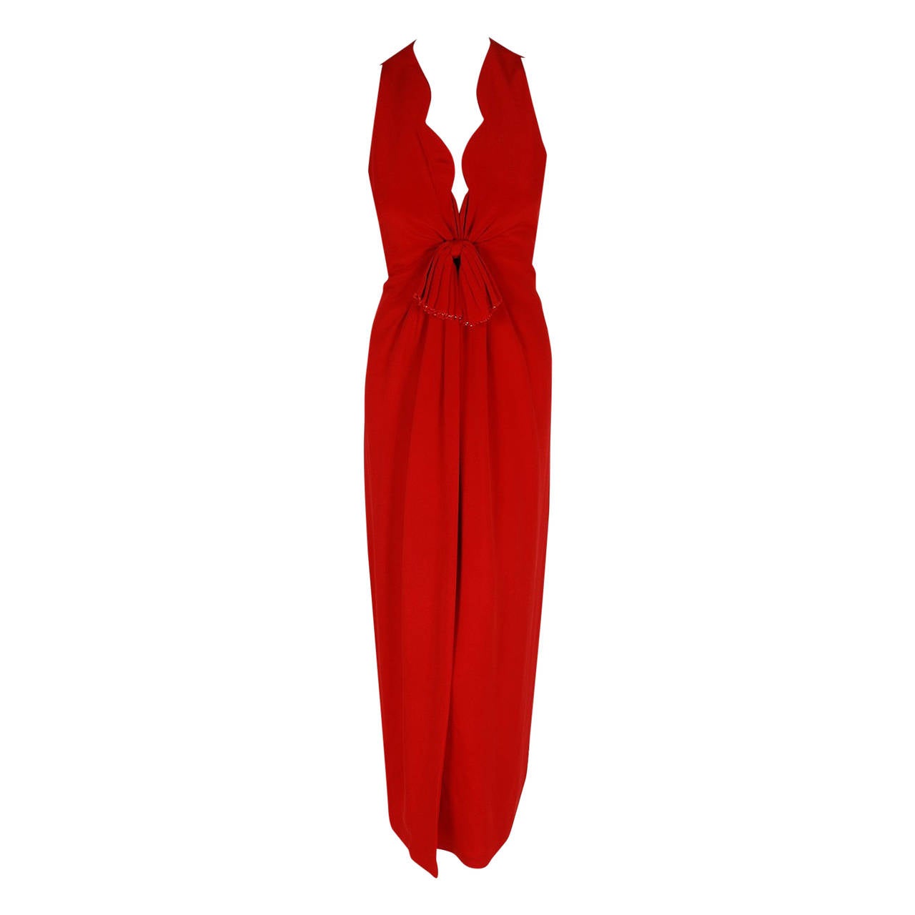 1977 Galanos Couture Ruby-Red Silk Scalloped Sleeveless Plunge Column Wrap Gown