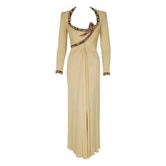 1970's Bob Mackie Pale-Yellow Beaded Silk-Jersey Plunge Hourglass Goddess Gown